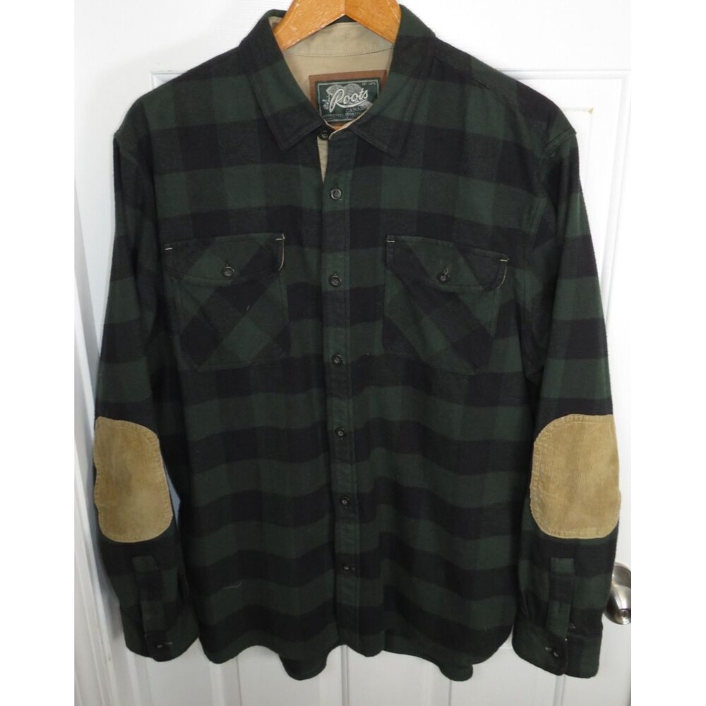 ROOTS Canada Men's Flannel Plaid Buffalo Check Shirt Elbow Patches Size XXL